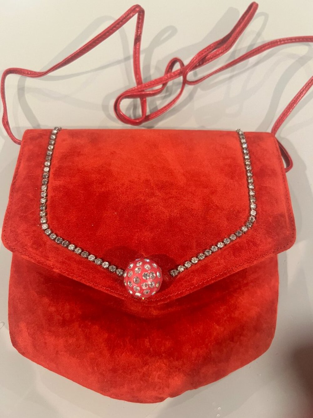 NWT Vintage Charles Jourdan Paris Aïda Cardinal Red Suede Rhinestone Crossbody